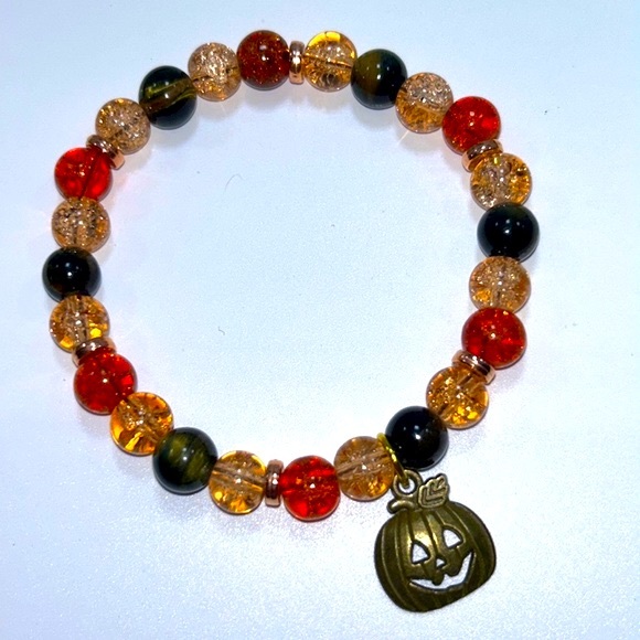 Handmade Halloween Pumpkin Charm Bracelet with Natural Tiger Eye Stones! - Picture 3 of 9